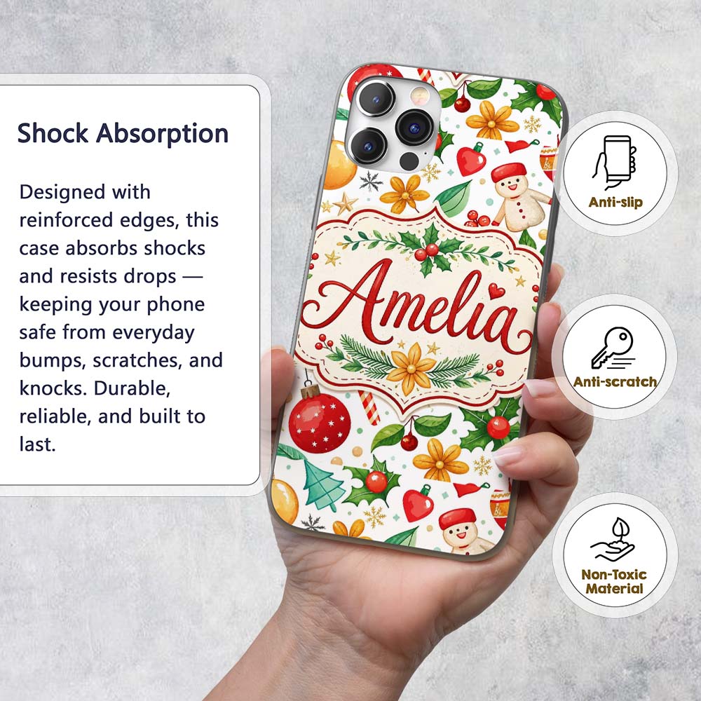 Cute Christmas Tree Snowman Candy Cane Baubles Custom Name Protective Phone Case Mobile Cover Durable Everyday Smartphone Shock Resistant