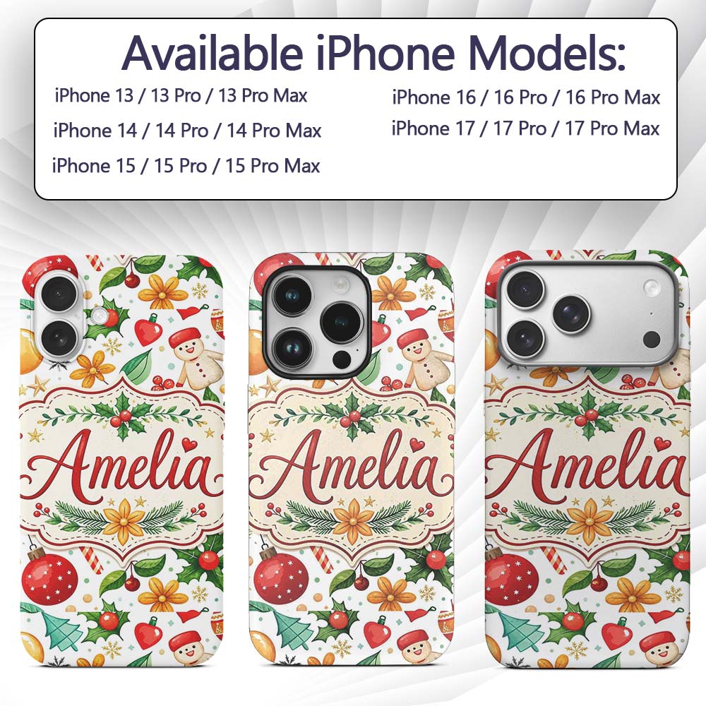 Cute Christmas Tree Snowman Candy Cane Baubles Custom Name Protective Phone Case Mobile Cover Durable Everyday Smartphone Shock Resistant