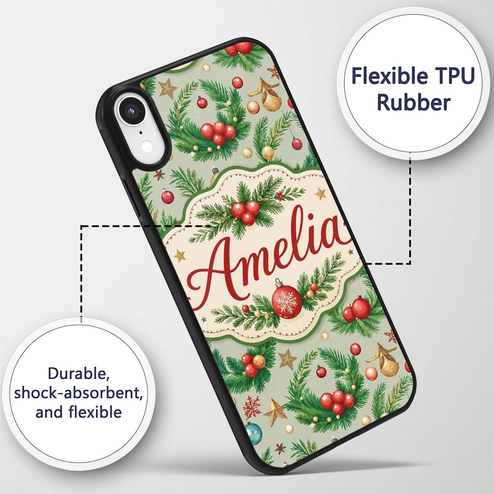 Watercolor Christmas Wreath Baubles Pine Branches Custom Name Protective Phone Case Mobile Cover Durable Everyday Smartphone Shock Resistant