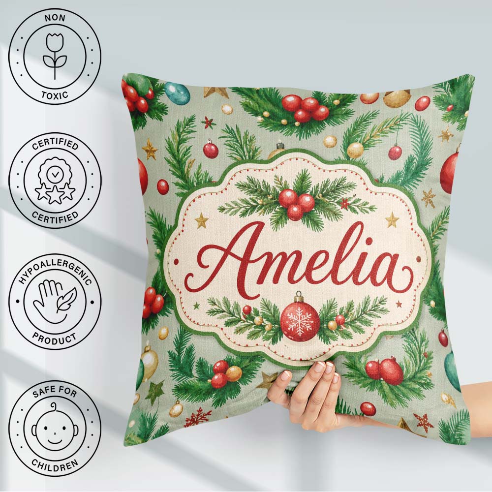 Custom Name Watercolor Christmas Wreath Baubles Branches Festive Square Filled Cushion Throw Pillow Sofa Bed Home Decor Zip Washable UK Made