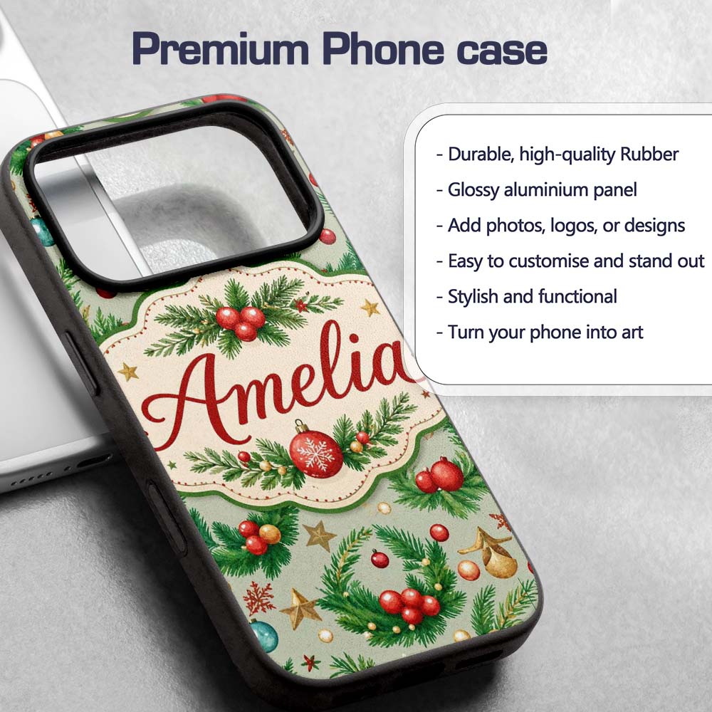 Watercolor Christmas Wreath Baubles Pine Branches Custom Name Protective Phone Case Mobile Cover Durable Everyday Smartphone Shock Resistant