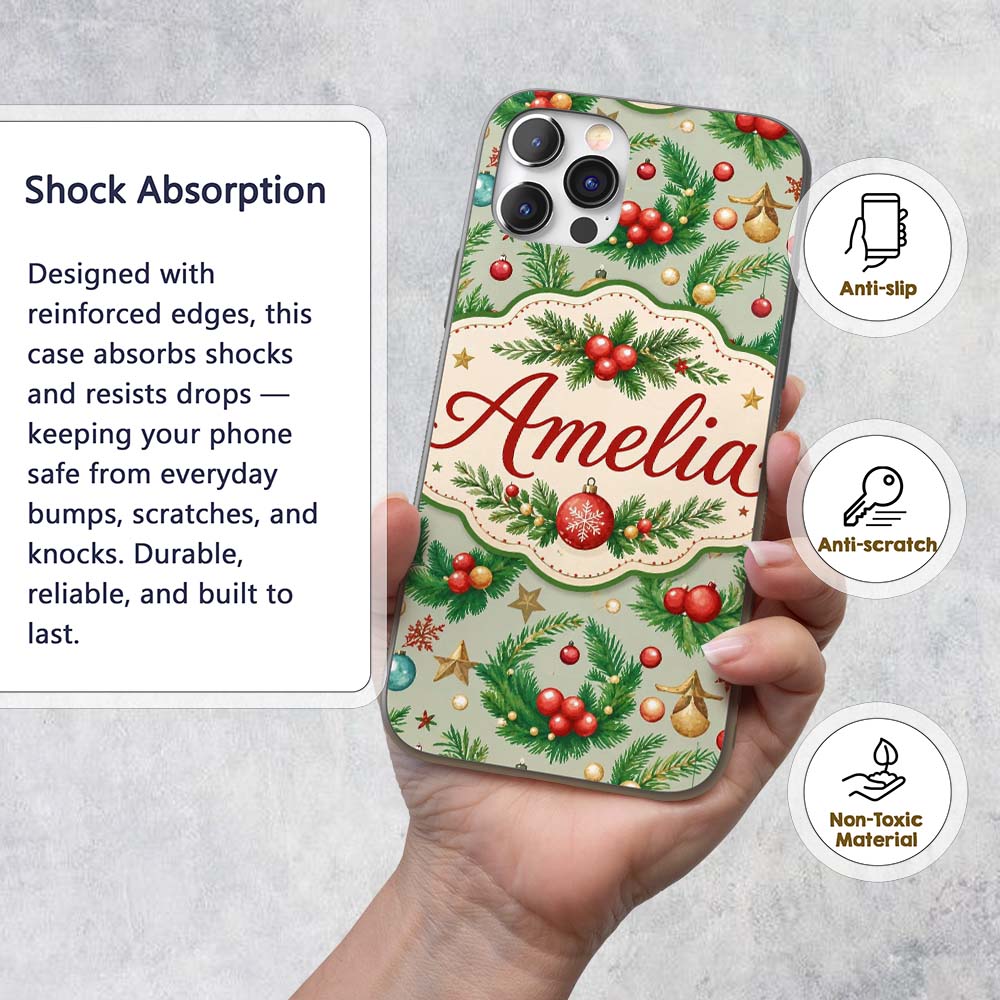 Watercolor Christmas Wreath Baubles Pine Branches Custom Name Protective Phone Case Mobile Cover Durable Everyday Smartphone Shock Resistant