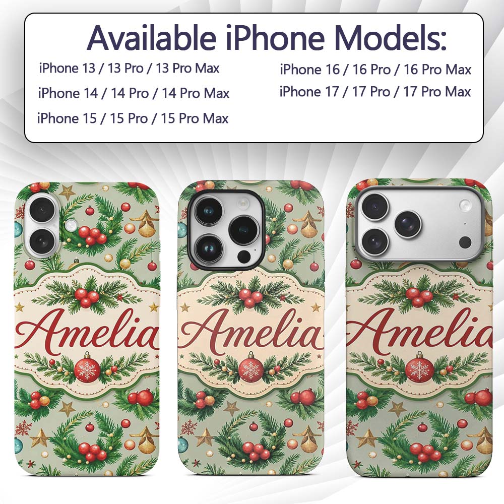 Watercolor Christmas Wreath Baubles Pine Branches Custom Name Protective Phone Case Mobile Cover Durable Everyday Smartphone Shock Resistant