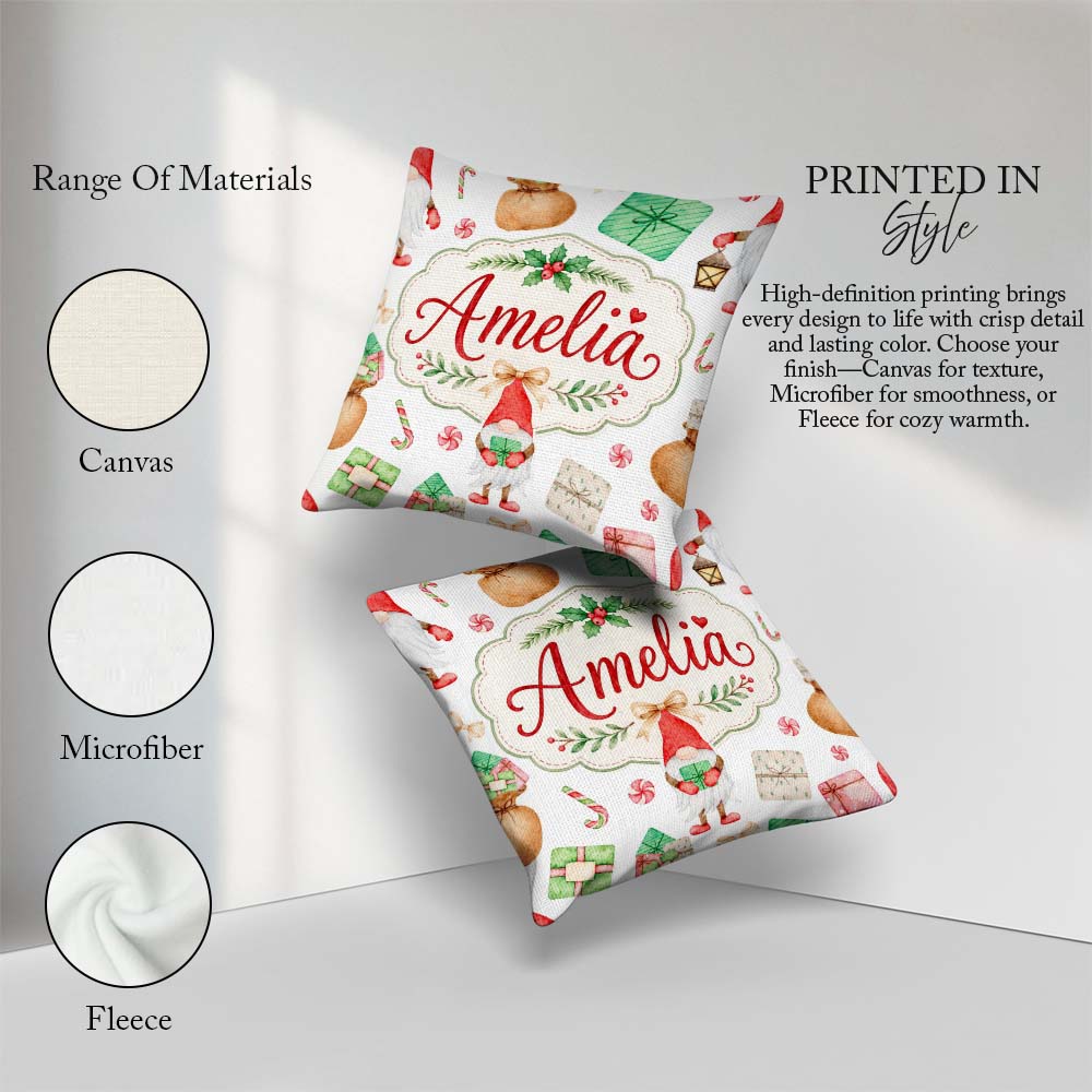 Custom Name Christmas Gnome Holding Candy Cane Presents Seamless Square Filled Cushion Throw Pillow Sofa Bed Home Decor Zip Washable UK Made