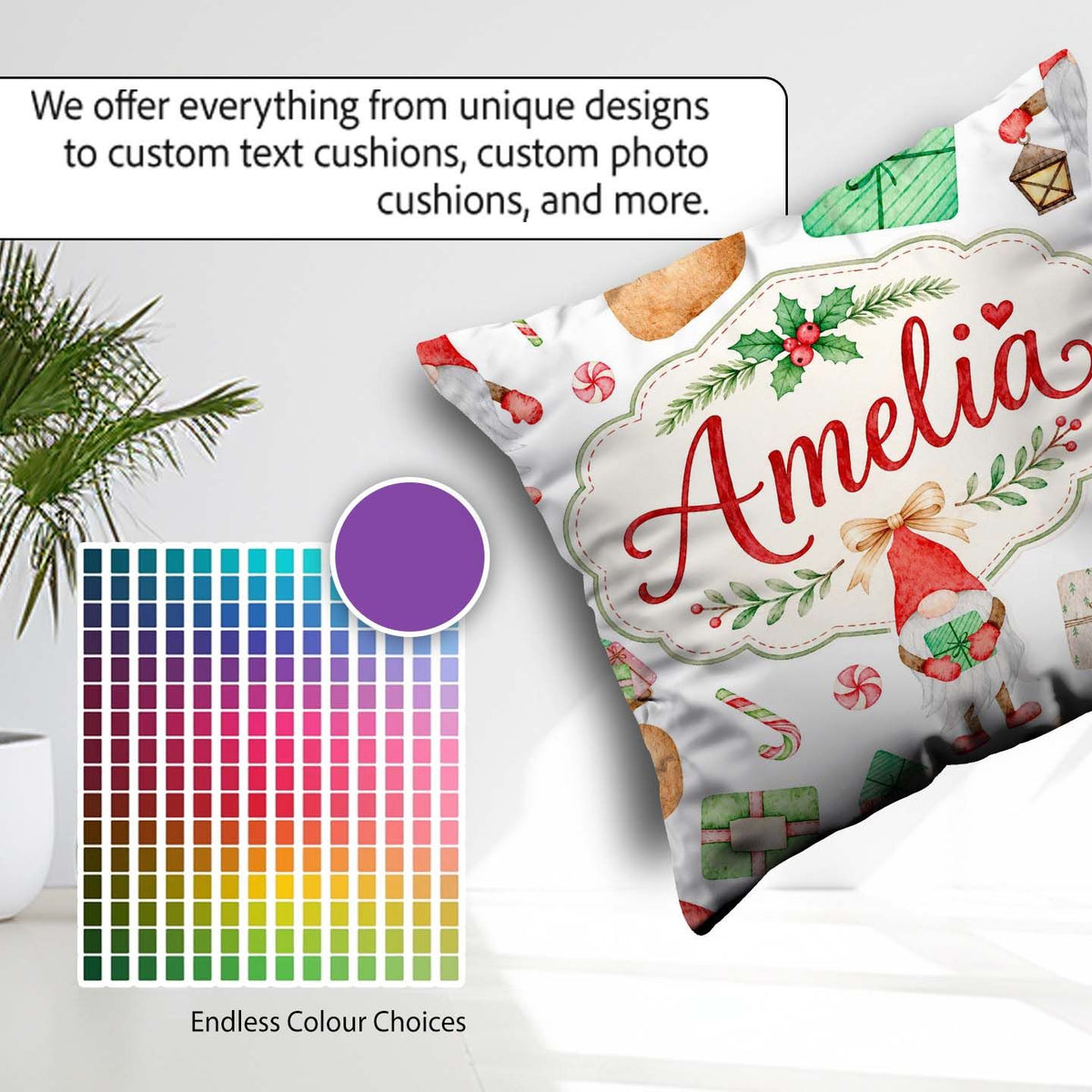 Custom Name Christmas Gnome Holding Candy Cane Presents Seamless Square Filled Cushion Throw Pillow Sofa Bed Home Decor Zip Washable UK Made