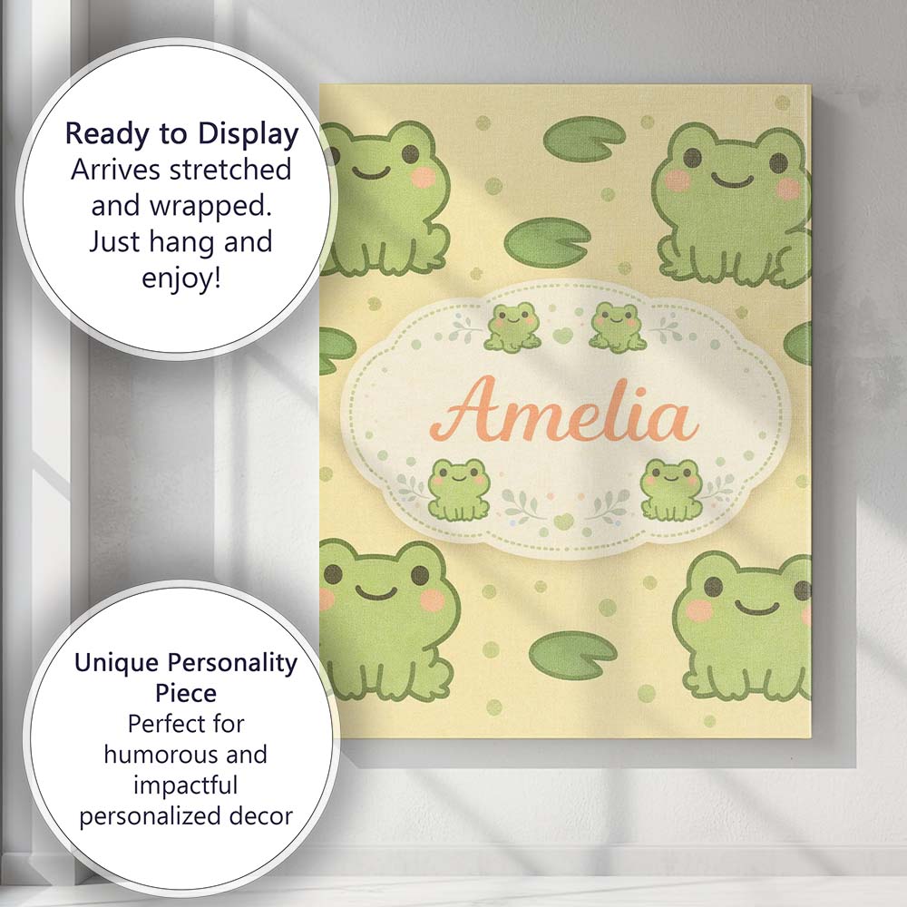 Personalised Name Cute Frog Lily Pad Cartoon Animal Pattern Thoughtful Custom Decorative Canvas Wall Art Print Decor Picture Ready to Hang