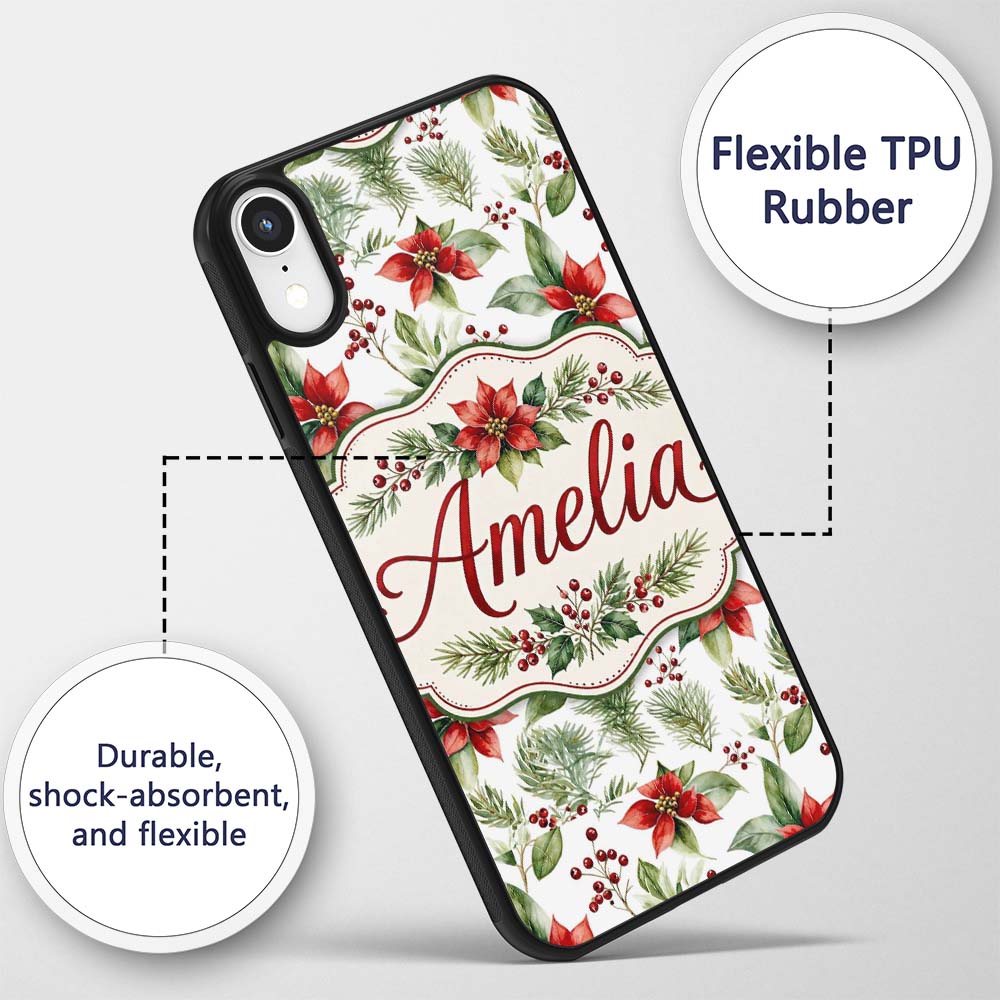 Watercolor Poinsettia Flowers Holly Leave Red Custom Name Protective Phone Case Mobile Cover Durable Everyday Smartphone Shock Resistant