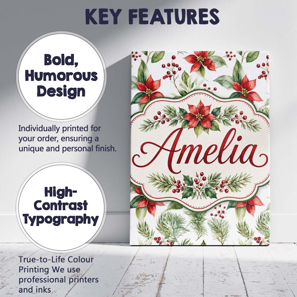 Personalised Name Watercolor Poinsettia Custom Modern Room Accent Elegant Feature Canvas Wall Art Print Decor Picture Ready to Hang