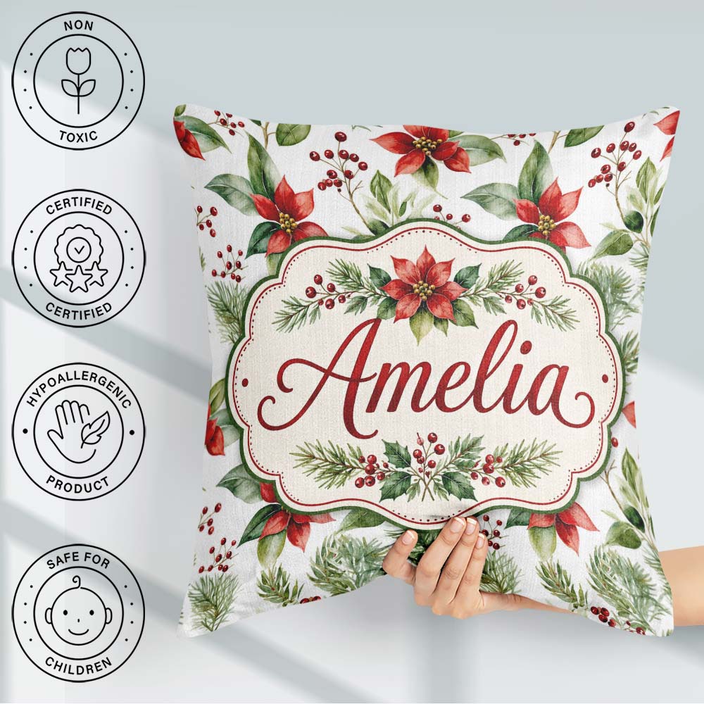 Custom Name Watercolor Flowers Holly Leave Red Berries Seamless Square Filled Cushion Throw Pillow Sofa Bed Home Decor Zip Washable UK Made