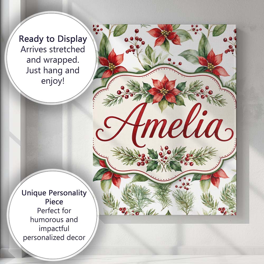 Personalised Name Watercolor Poinsettia Custom Modern Room Accent Elegant Feature Canvas Wall Art Print Decor Picture Ready to Hang