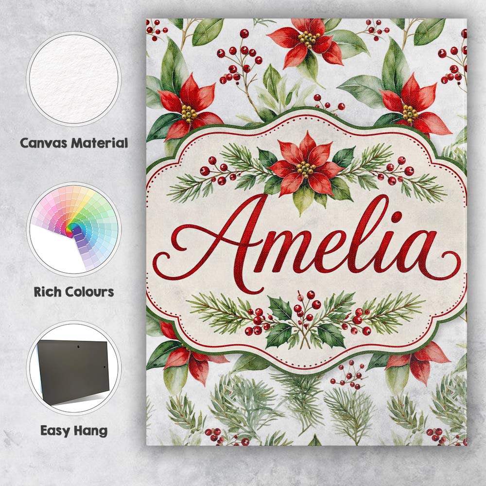 Personalised Name Watercolor Poinsettia Custom Modern Room Accent Elegant Feature Canvas Wall Art Print Decor Picture Ready to Hang