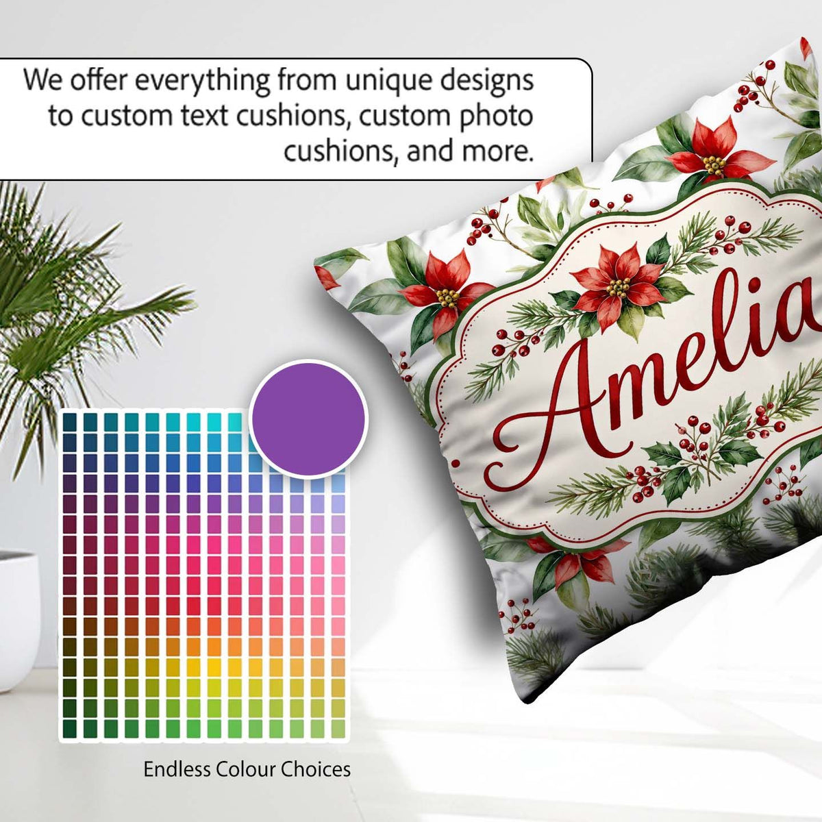 Custom Name Watercolor Flowers Holly Leave Red Berries Seamless Square Filled Cushion Throw Pillow Sofa Bed Home Decor Zip Washable UK Made