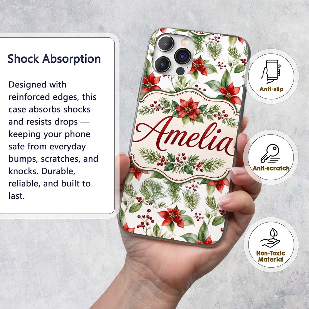Watercolor Poinsettia Flowers Holly Leave Red Custom Name Protective Phone Case Mobile Cover Durable Everyday Smartphone Shock Resistant