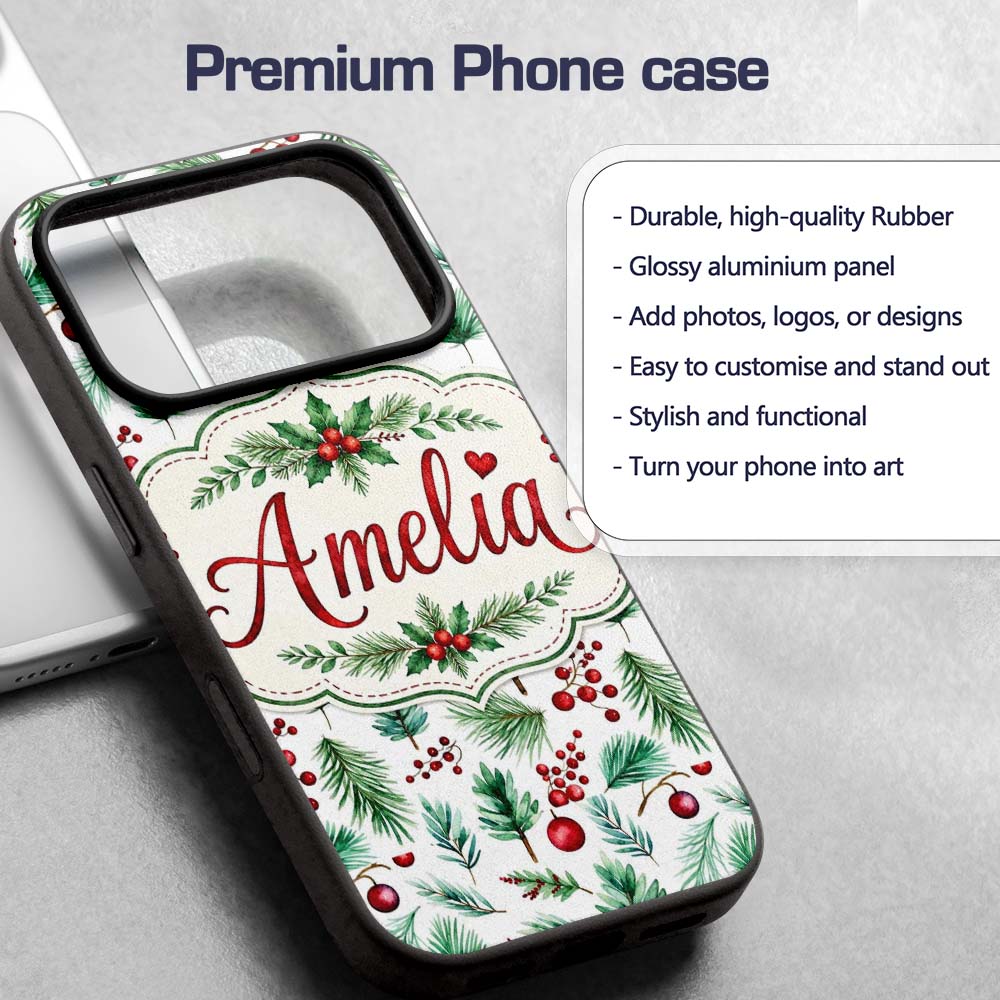 Watercolor Pine Branches Red Berries Christmas Custom Name Protective Phone Case Mobile Cover Durable Everyday Smartphone Shock Resistant