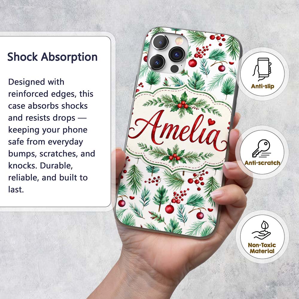 Watercolor Pine Branches Red Berries Christmas Custom Name Protective Phone Case Mobile Cover Durable Everyday Smartphone Shock Resistant