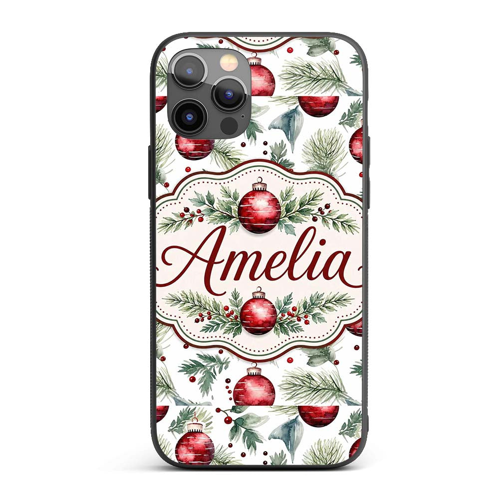 Watercolor Red Baubles Pine Branches Festive Custom Name Protective Phone Case Mobile Cover Durable Everyday Smartphone Shock Resistant