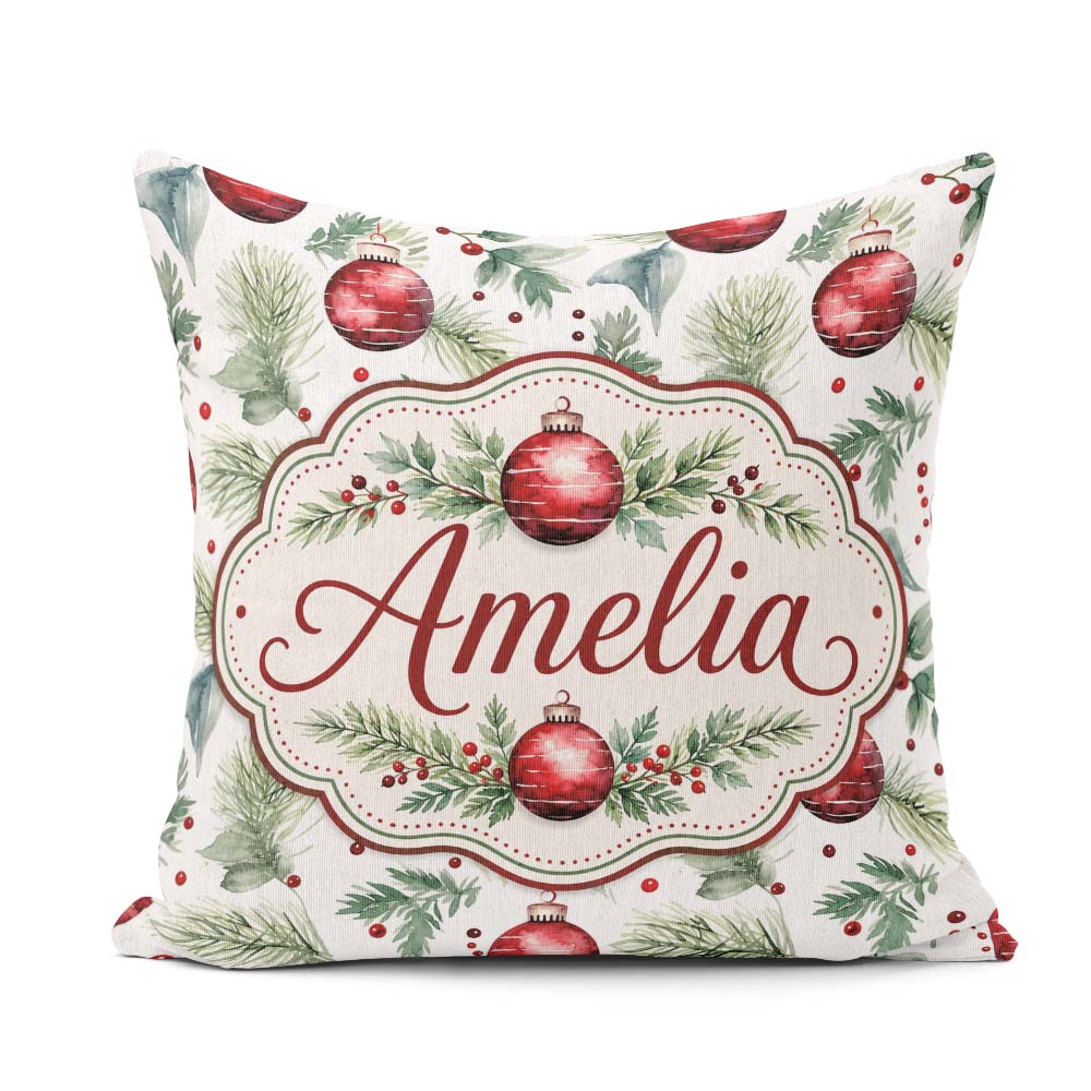 Custom Name Watercolor Red Baubles Pine Branches Festive Holiday Square Filled Cushion Throw Pillow Sofa Bed Home Decor Zip Washable UK Made