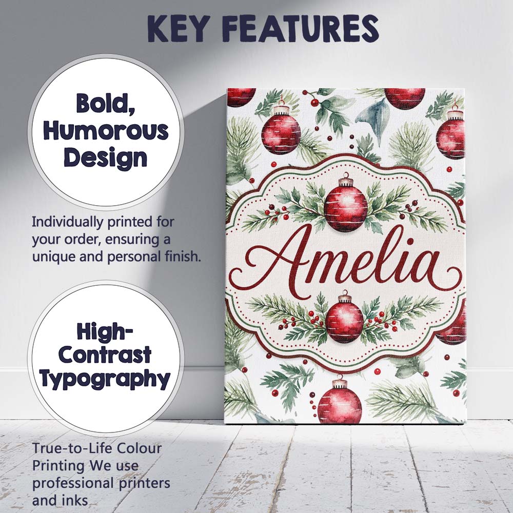 Personalised Name Watercolor Red Baubles Custom Unique Gift Idea Elegant Feature Canvas Wall Art Print Decor Picture Ready to Hang