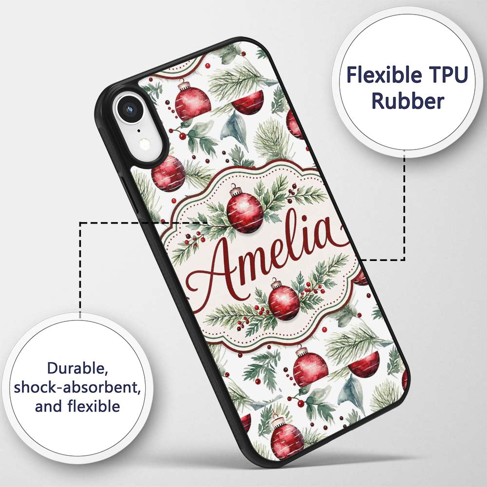 Watercolor Red Baubles Pine Branches Festive Custom Name Protective Phone Case Mobile Cover Durable Everyday Smartphone Shock Resistant