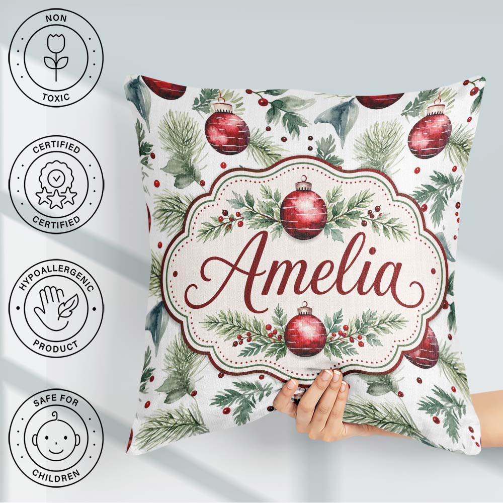 Custom Name Watercolor Red Baubles Pine Branches Festive Holiday Square Filled Cushion Throw Pillow Sofa Bed Home Decor Zip Washable UK Made