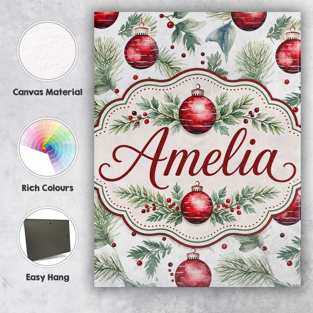 Personalised Name Watercolor Red Baubles Custom Unique Gift Idea Elegant Feature Canvas Wall Art Print Decor Picture Ready to Hang