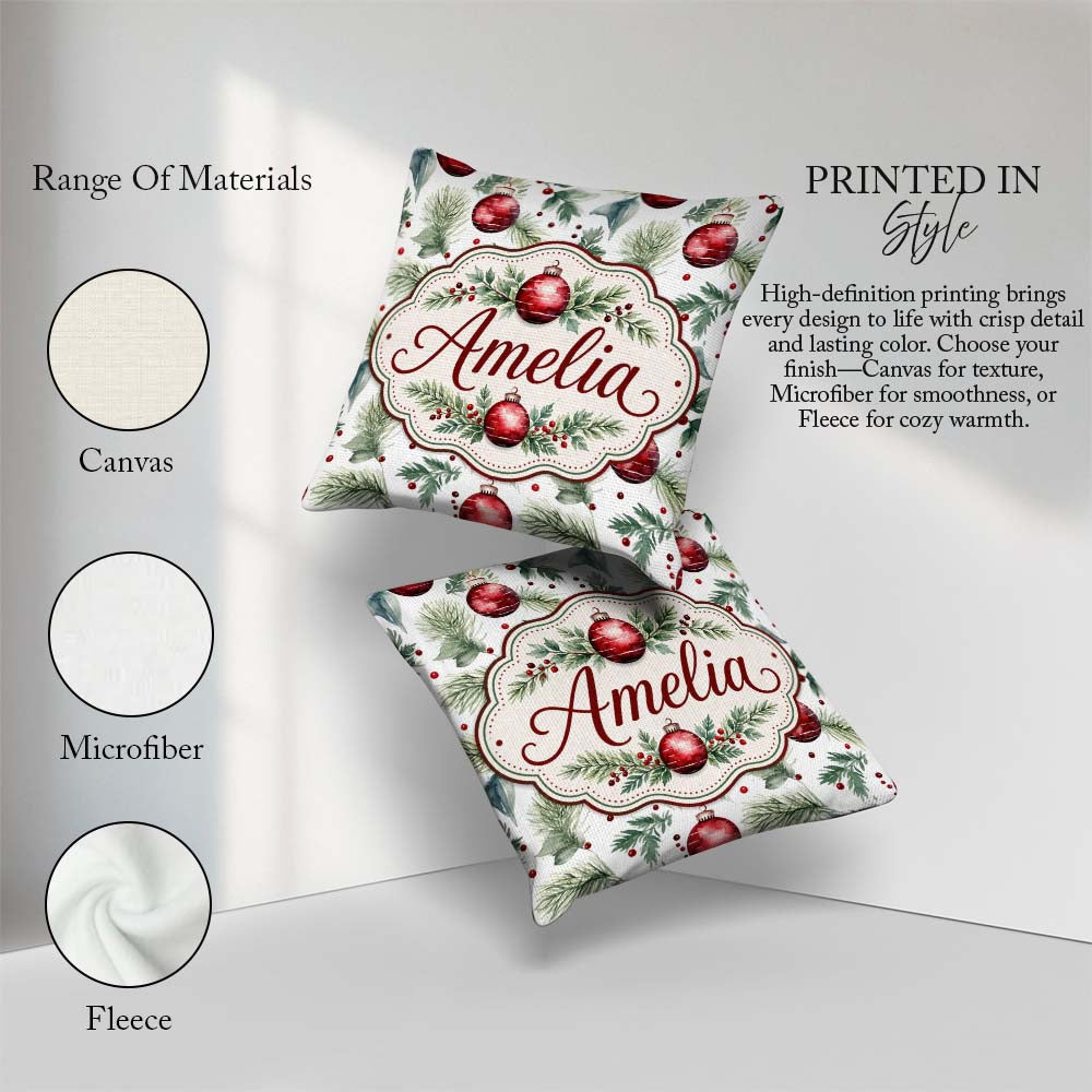Custom Name Watercolor Red Baubles Pine Branches Festive Holiday Square Filled Cushion Throw Pillow Sofa Bed Home Decor Zip Washable UK Made
