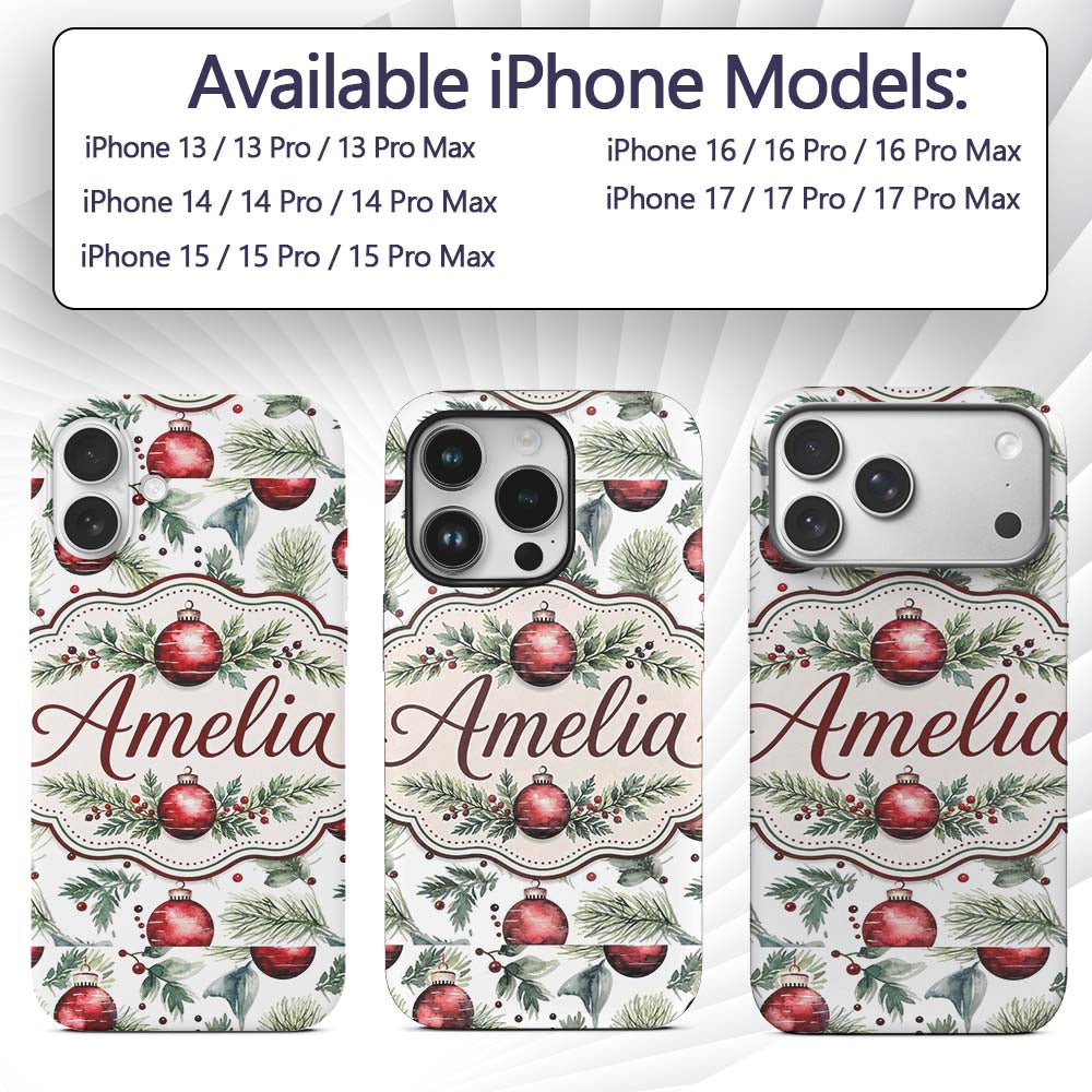 Watercolor Red Baubles Pine Branches Festive Custom Name Protective Phone Case Mobile Cover Durable Everyday Smartphone Shock Resistant
