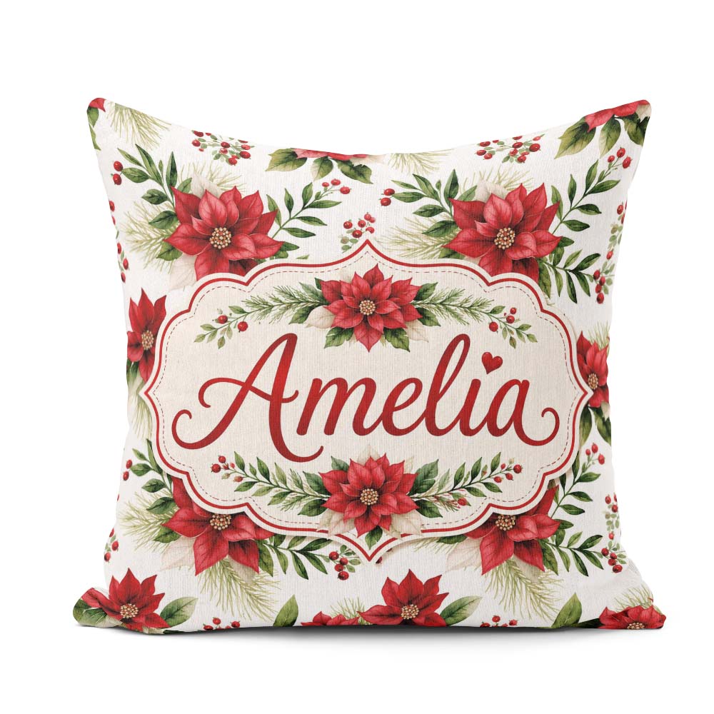 Custom Name Elegant Poinsettia Flowers Festive Seamless Pattern Square Filled Cushion Throw Pillow Sofa Bed Home Decor Zip Washable UK Made