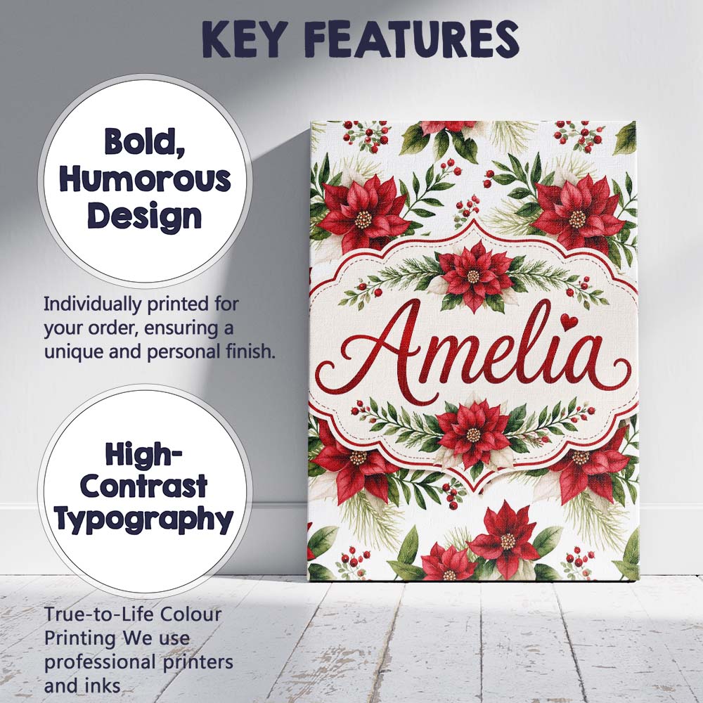Personalised Name Elegant Poinsettia Custom Premium Decorative Design Modern Room Accent Canvas Wall Art Print Decor Picture Ready to Hang