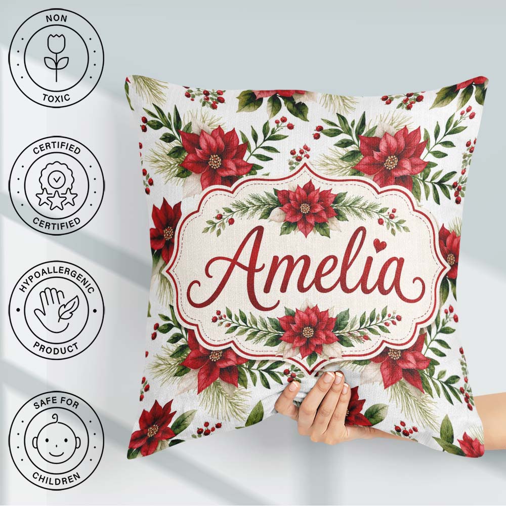 Custom Name Elegant Poinsettia Flowers Festive Seamless Pattern Square Filled Cushion Throw Pillow Sofa Bed Home Decor Zip Washable UK Made