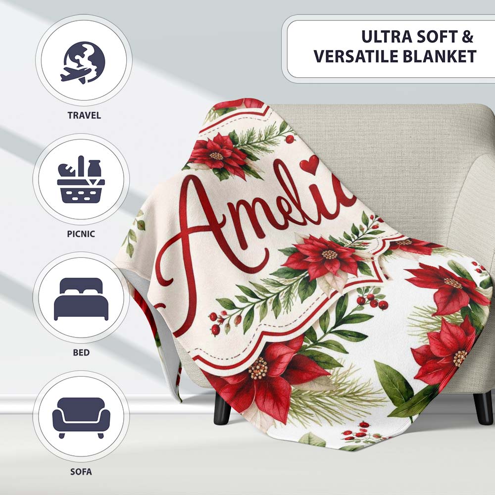 Elegant Poinsettia Flowers Green Leaves Festive Seamless Pattern Personalised Custom Name Super Soft Fleece Blanket Bed Sofa Throw