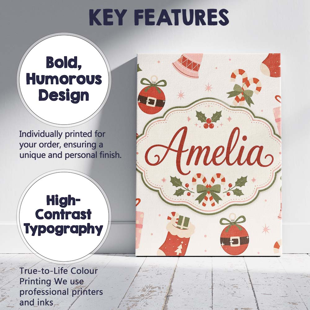 Personalised Name Cute Christmas Stocking Custom Unique Gift Idea Elegant Feature Canvas Wall Art Print Decor Picture Ready to Hang