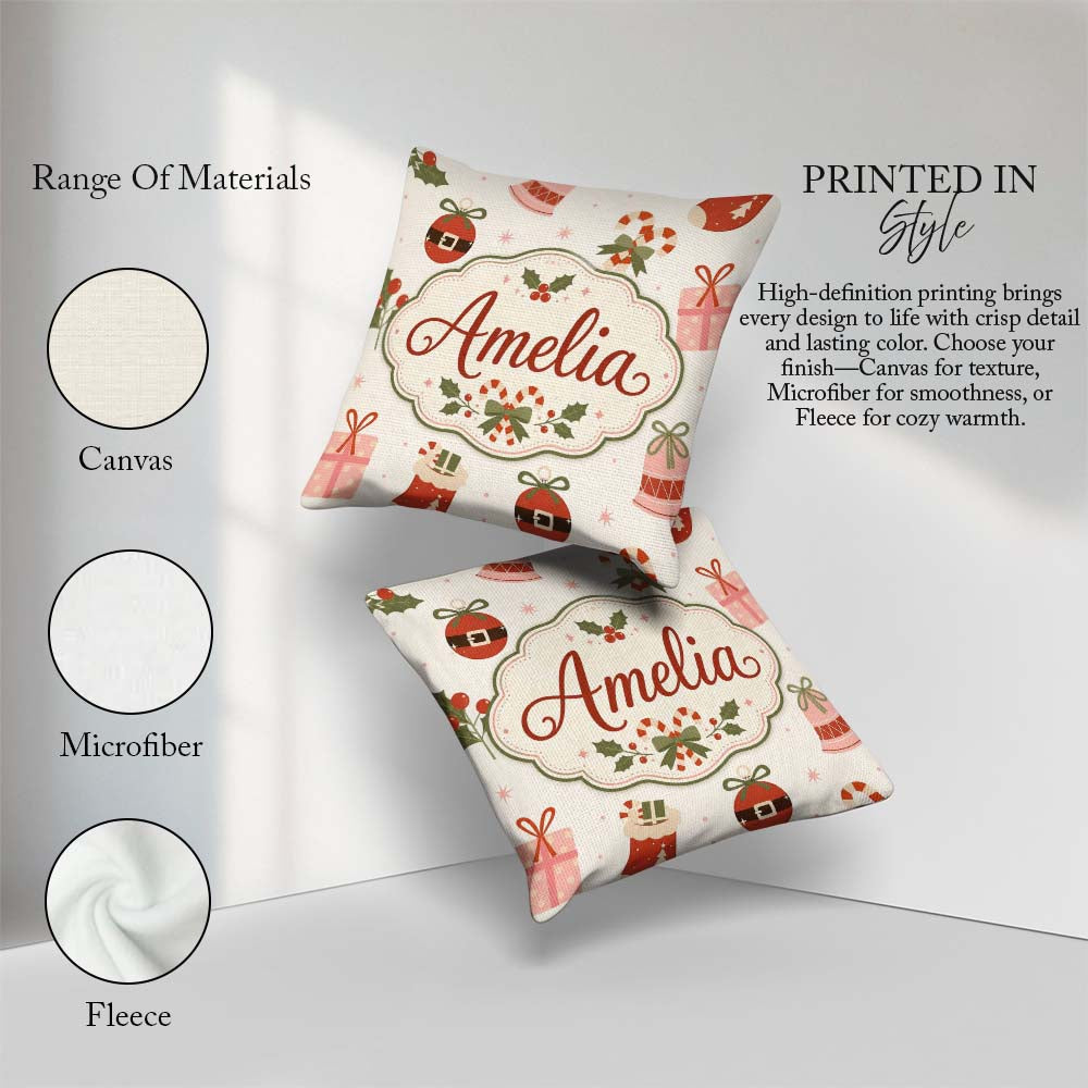 Custom Name Christmas Stocking Candy Cane Bells Festive Seamless Square Filled Cushion Throw Pillow Sofa Bed Home Decor Zip Washable UK Made