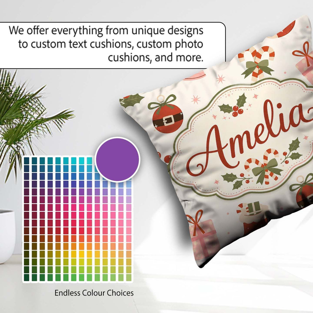 Custom Name Christmas Stocking Candy Cane Bells Festive Seamless Square Filled Cushion Throw Pillow Sofa Bed Home Decor Zip Washable UK Made