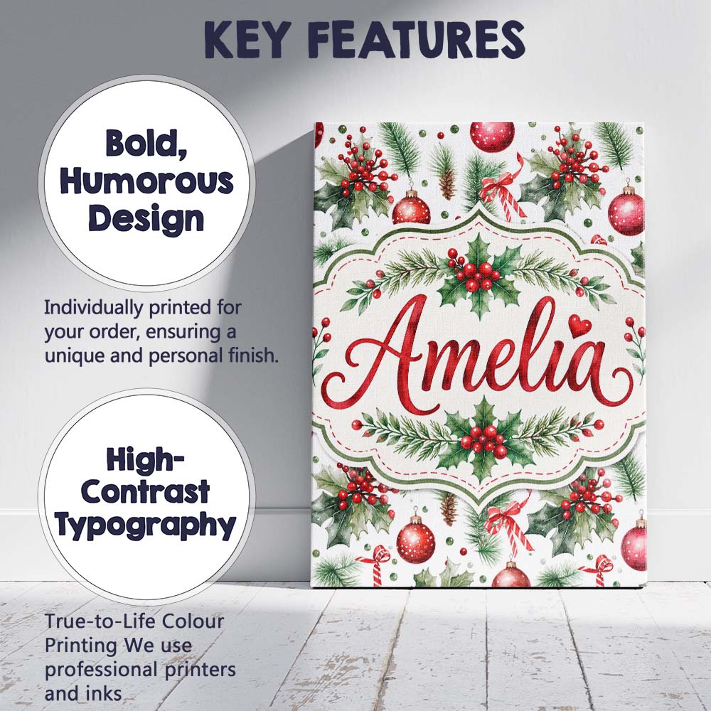 Personalised Name Watercolor Holly Leaves Custom Unique Gift Idea Elegant Feature Canvas Wall Art Print Decor Picture Ready to Hang