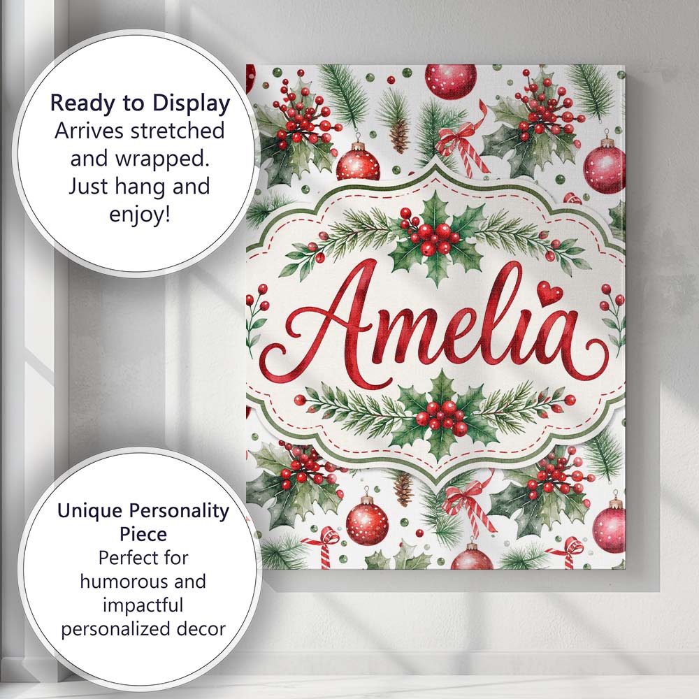 Personalised Name Watercolor Holly Leaves Custom Unique Gift Idea Elegant Feature Canvas Wall Art Print Decor Picture Ready to Hang
