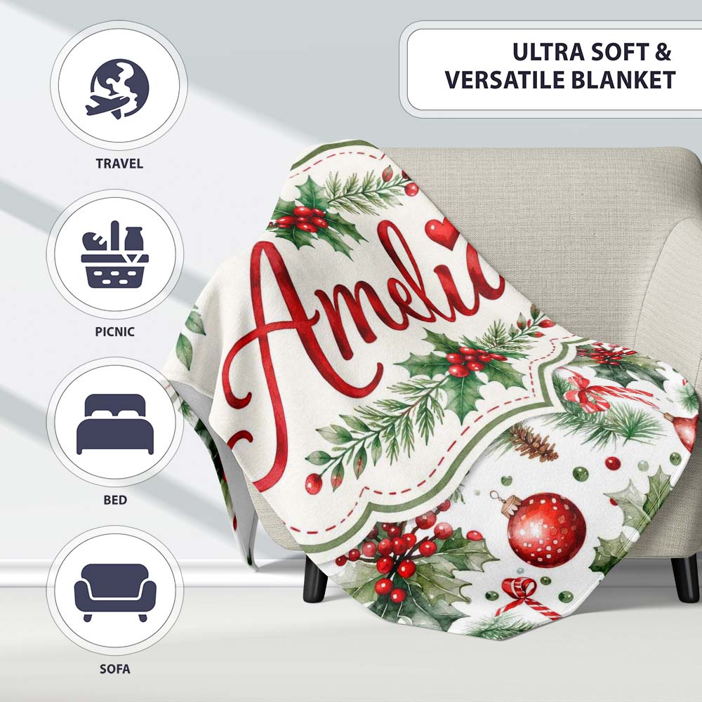 Watercolor Holly Leaves Red Berries Baubles Festive Seamless Pattern Personalised Custom Name Super Soft Fleece Blanket Bed Sofa Throw