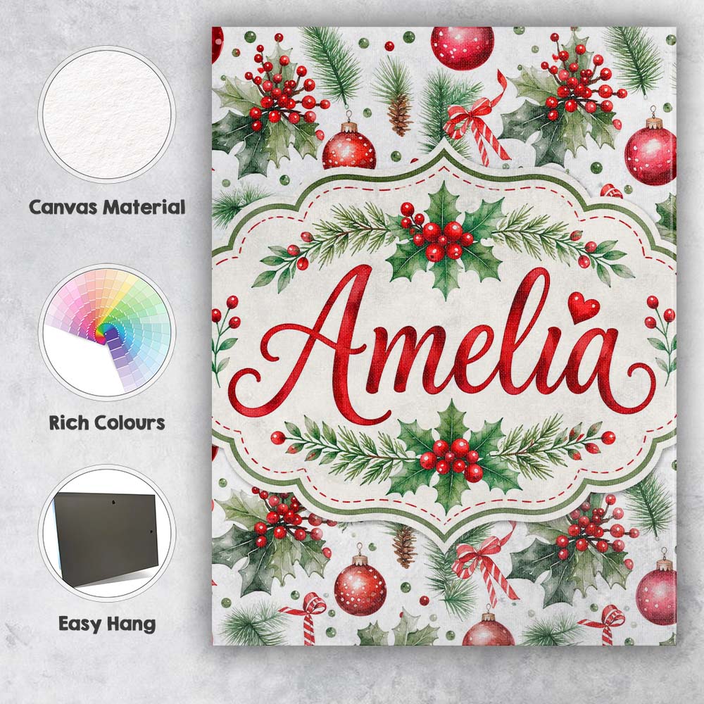 Personalised Name Watercolor Holly Leaves Custom Unique Gift Idea Elegant Feature Canvas Wall Art Print Decor Picture Ready to Hang