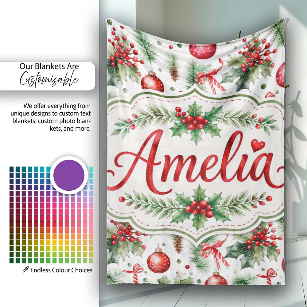 Watercolor Holly Leaves Red Berries Baubles Festive Seamless Pattern Personalised Custom Name Super Soft Fleece Blanket Bed Sofa Throw