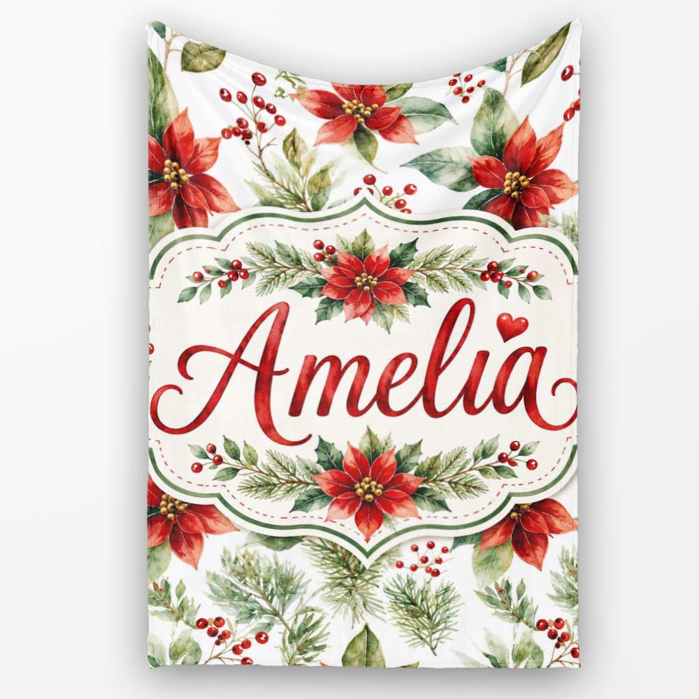 Watercolor Poinsettia Flowers Holly Leaves Red Berries Seamless Personalised Custom Name Super Soft Fleece Blanket Bed Sofa Throw