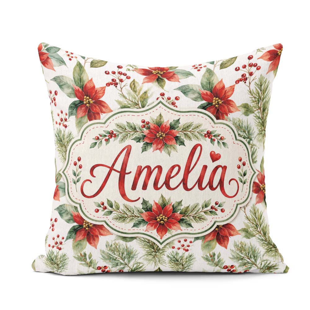 Custom Name Watercolor Flowers Holly Leaves Red Berries Seamless Square Filled Cushion Throw Pillow Sofa Bed Home Decor Zip Washable UK Made