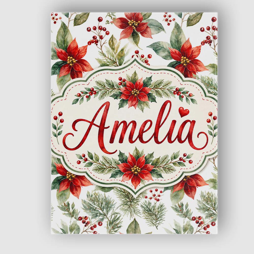 Personalised Name Watercolor Poinsettia Custom Modern Room Accent Elegant Feature Canvas Wall Art Print Decor Picture Ready to Hang
