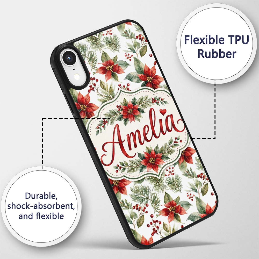 Watercolor Poinsettia Flowers Holly Leaves Red Custom Name Protective Phone Case Mobile Cover Durable Everyday Smartphone Shock Resistant