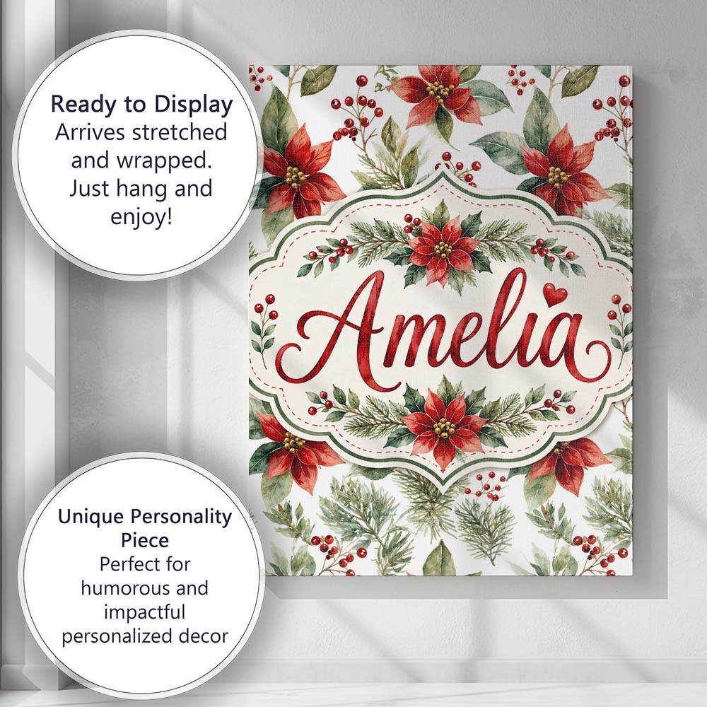 Personalised Name Watercolor Poinsettia Custom Modern Room Accent Elegant Feature Canvas Wall Art Print Decor Picture Ready to Hang