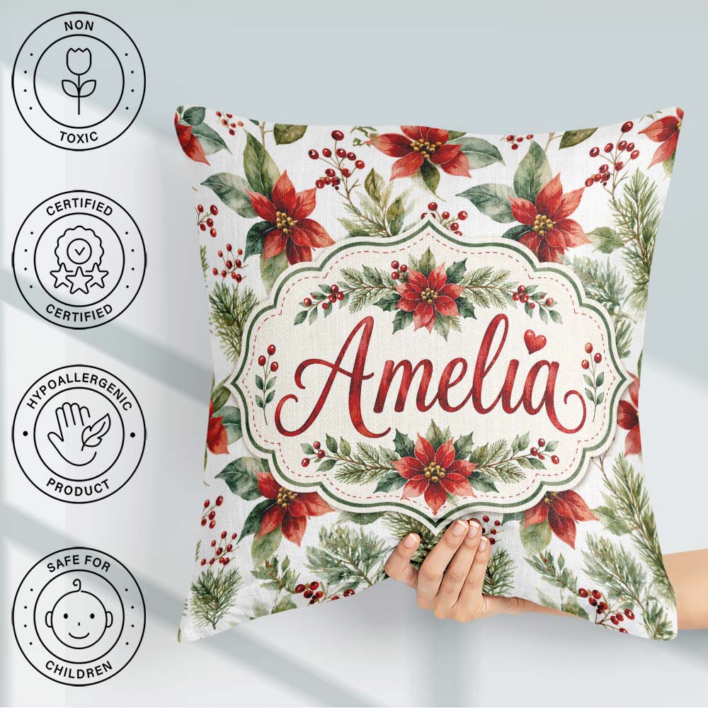 Custom Name Watercolor Flowers Holly Leaves Red Berries Seamless Square Filled Cushion Throw Pillow Sofa Bed Home Decor Zip Washable UK Made