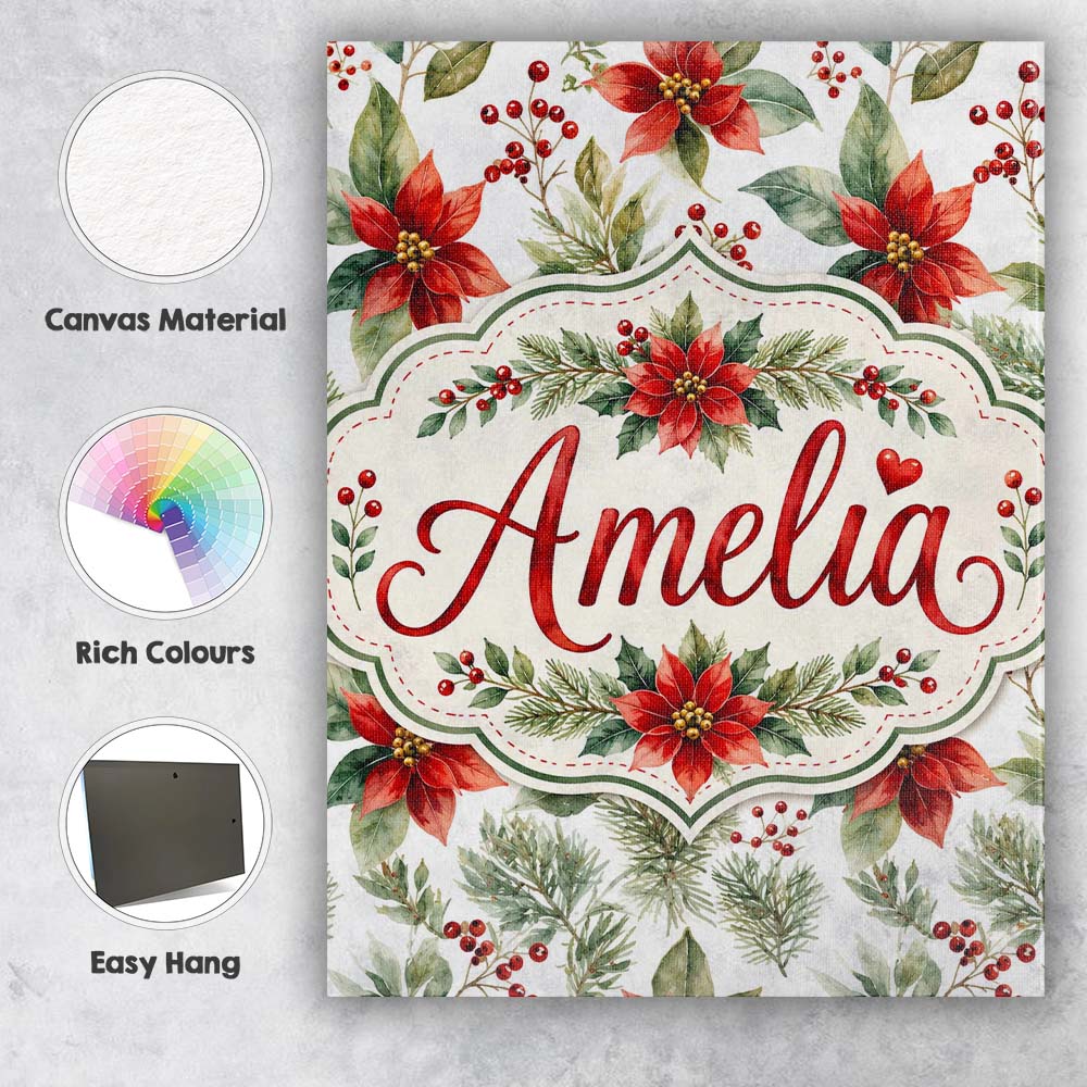 Personalised Name Watercolor Poinsettia Custom Modern Room Accent Elegant Feature Canvas Wall Art Print Decor Picture Ready to Hang
