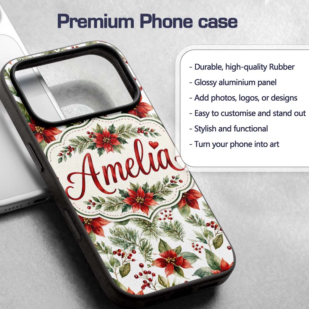 Watercolor Poinsettia Flowers Holly Leaves Red Custom Name Protective Phone Case Mobile Cover Durable Everyday Smartphone Shock Resistant