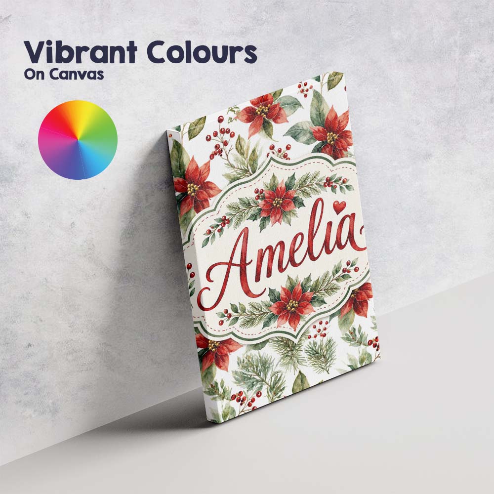 Personalised Name Watercolor Poinsettia Custom Modern Room Accent Elegant Feature Canvas Wall Art Print Decor Picture Ready to Hang
