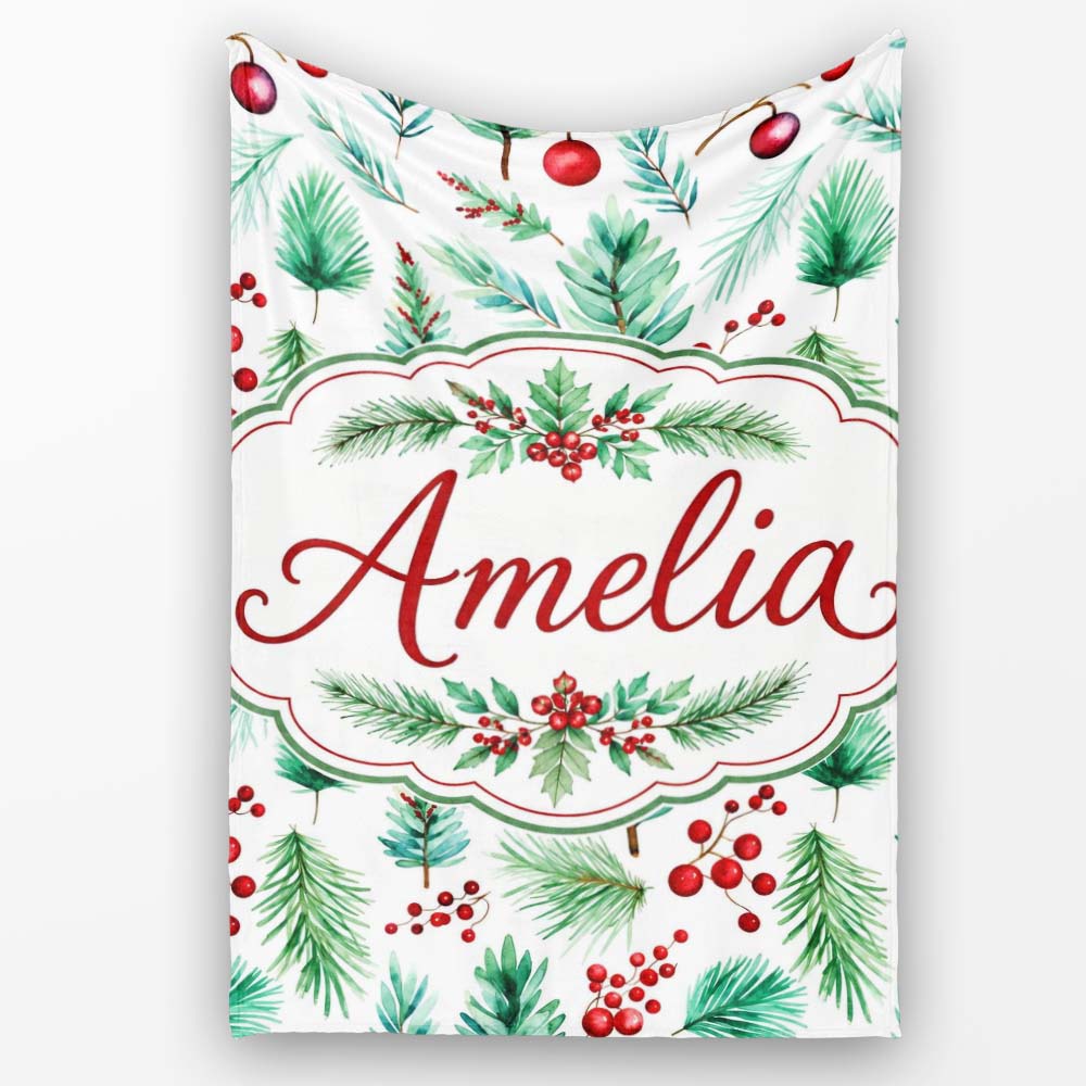 Watercolor Pine Branches Red Berries Christmas Foliage Seamless Personalised Custom Name Super Soft Fleece Blanket Bed Sofa Throw