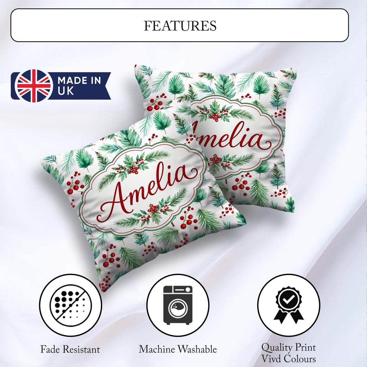 Custom Name Pine Branches Red Berries Christmas Foliage Seamless Square Filled Cushion Throw Pillow Sofa Bed Home Decor Zip Washable UK Made